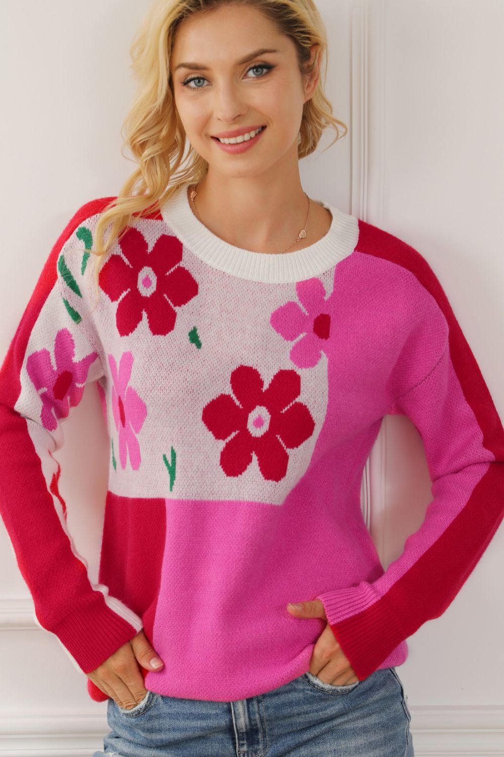 Flower Color Block Round Neck Sweater - Charming Charlie