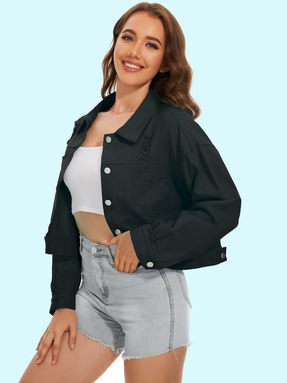Distressed Button Up Frayed Hem Denim Jacket