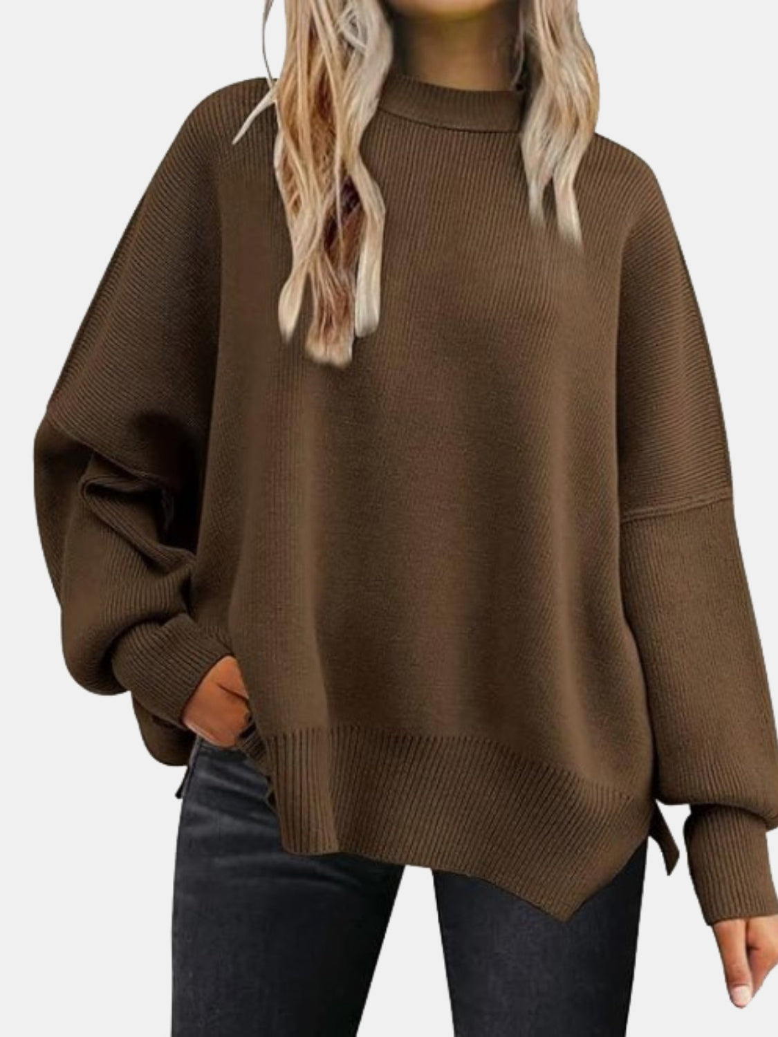 Round Neck Drop Shoulder Slit Sweater - Charming Charlie