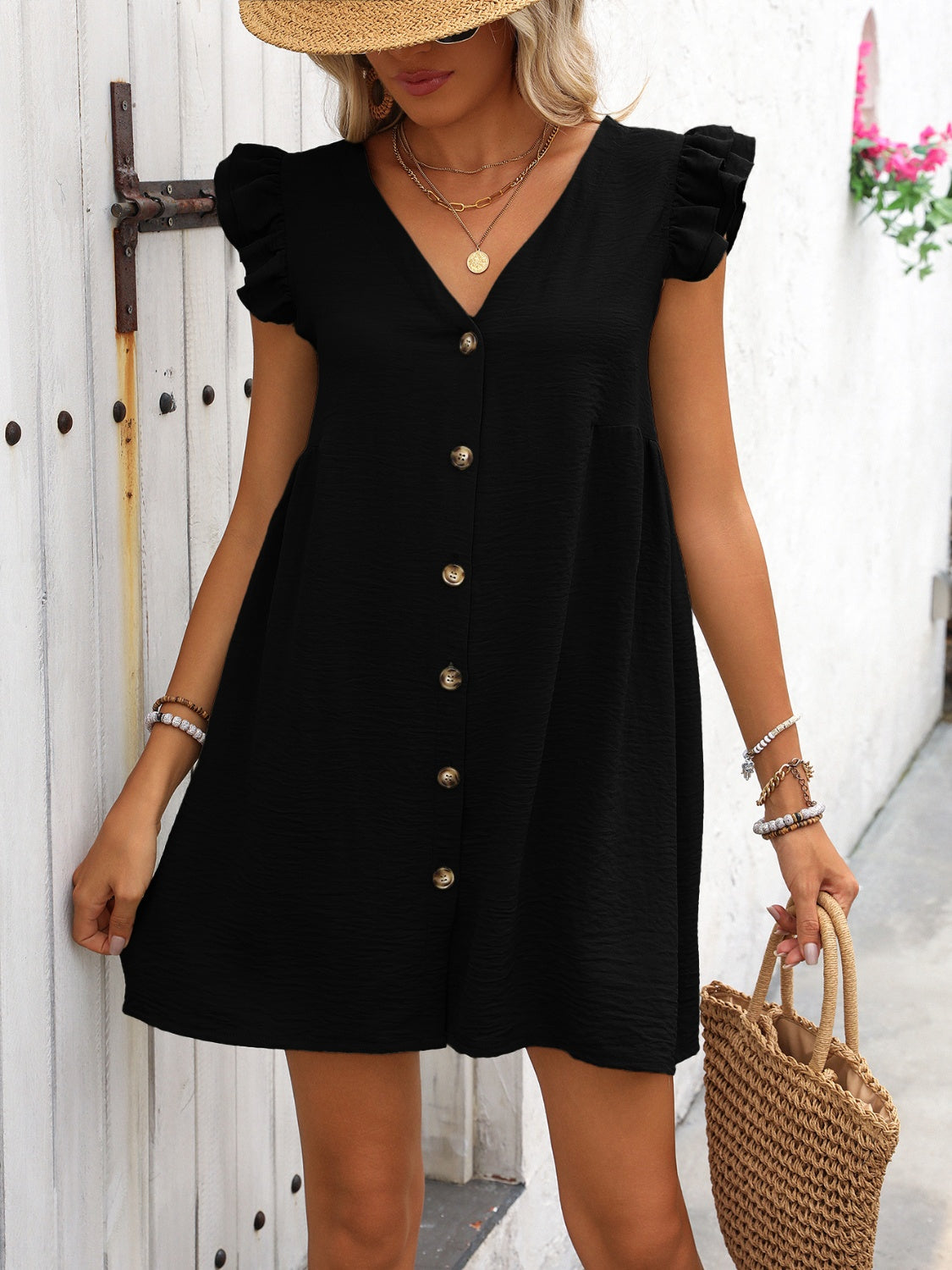 Button Up V-Neck Cap Sleeve Mini Dress - Charming Charlie