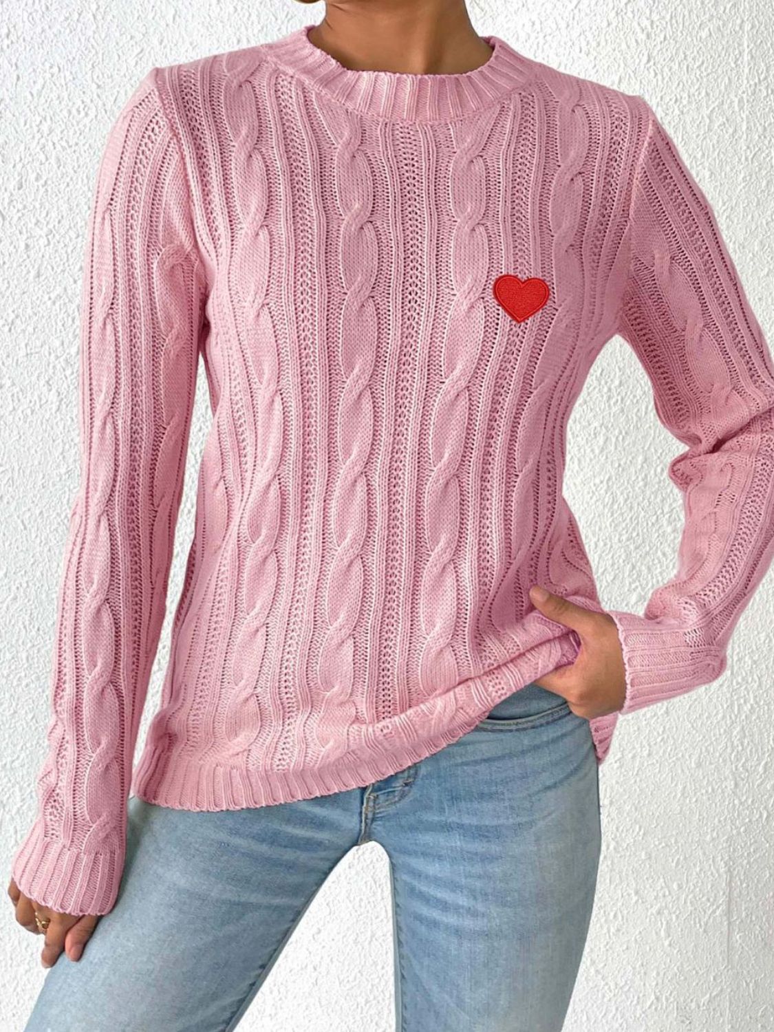 Cable-Knit Heart Round Neck Long Sleeve Sweater – Charming Charlie