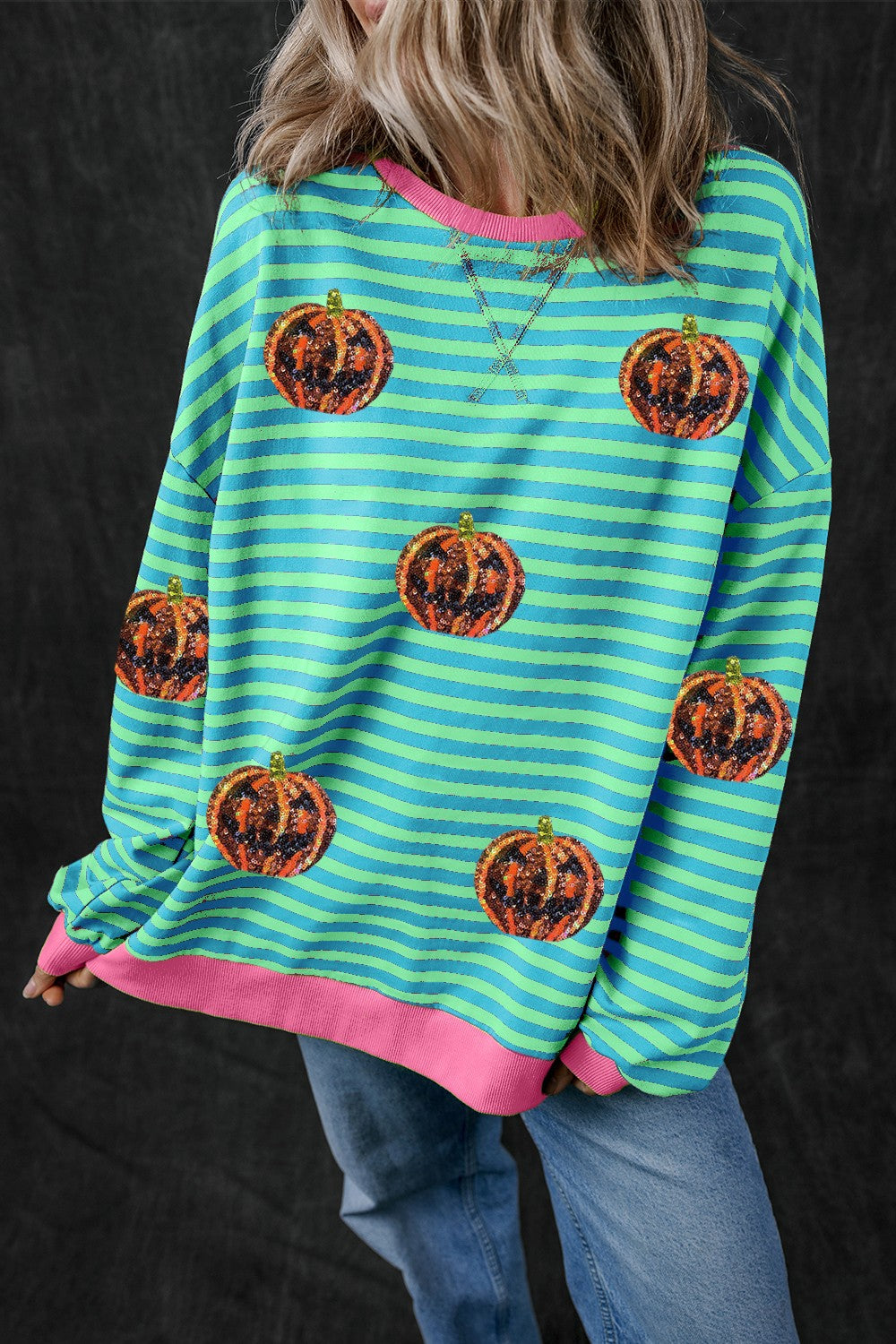 Pumpkin Striped Round Neck Long Sleeve Sweatshirt - Charming Charlie