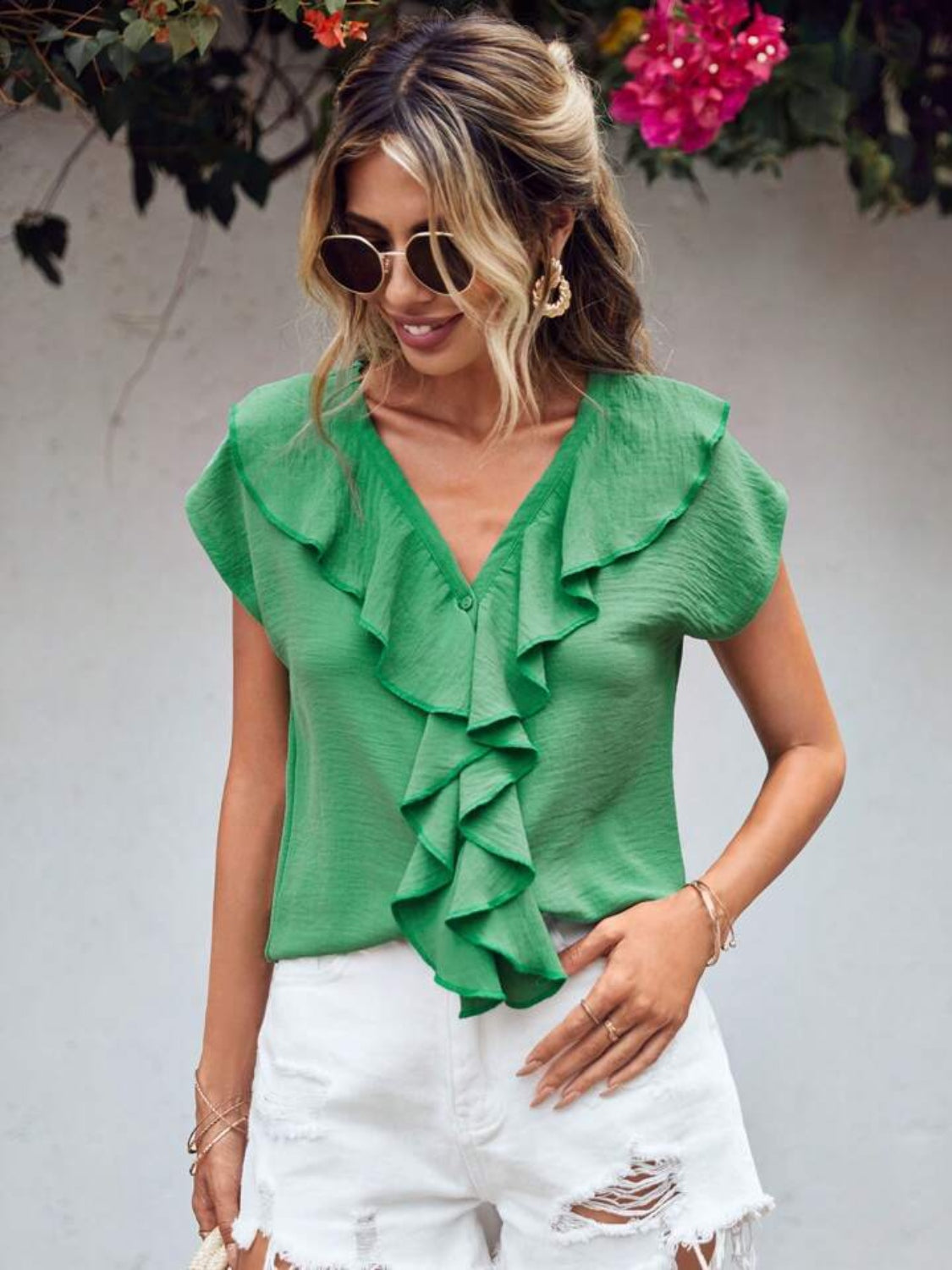 Ruffled V-Neck Short Sleeve Blouse - Charming Charlie