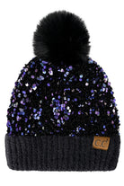Purple/Black C.C Sequin Fur Pom Beanie