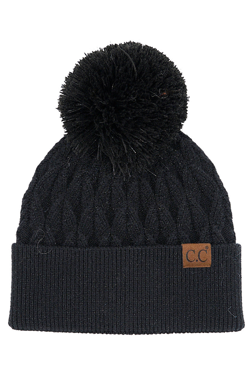 Black C.C Lurex Cable Pom Beanie