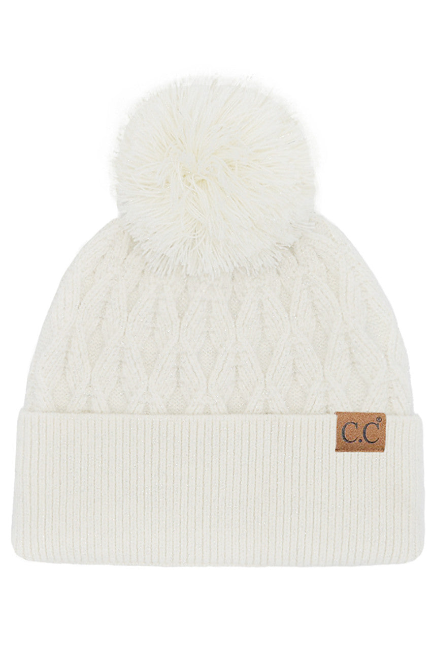 Ivory C.C Lurex Cable Pom Beanie