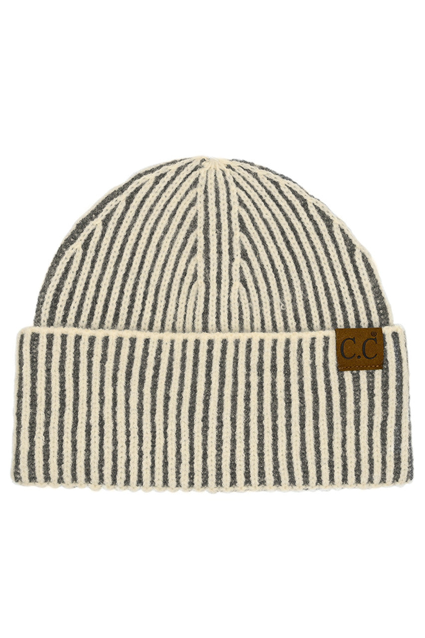 Ivory C.C Contrast Color Stripes Cuff Beanie