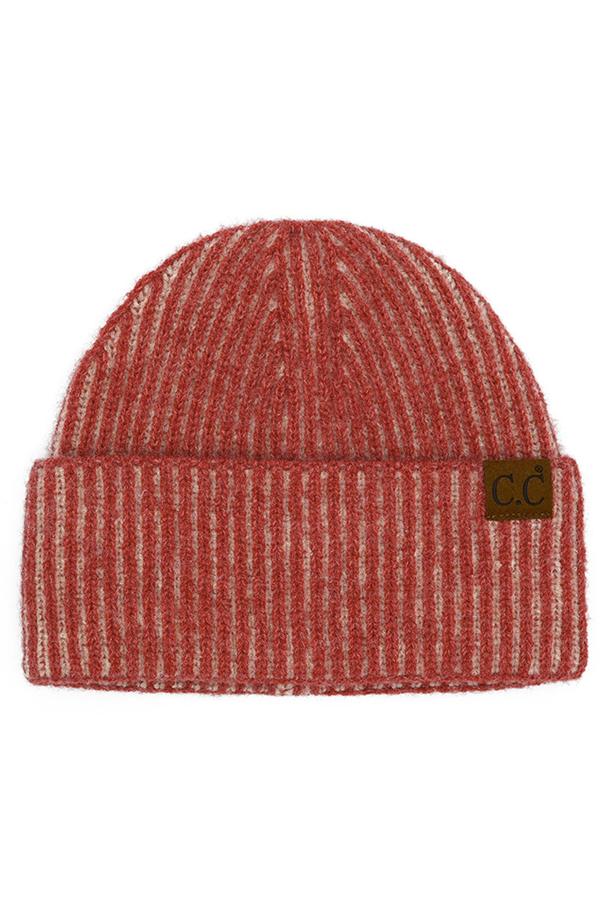 Mauve C.C Contrast Color Stripes Cuff Beanie