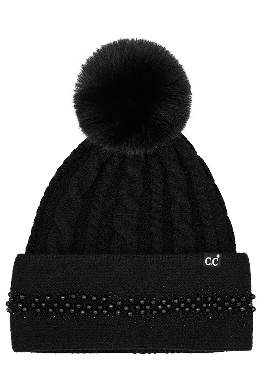 Black C.C Pearl Rhinestone Embellishment Beanie with Fur Pom