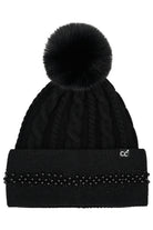 Black C.C Pearl Rhinestone Embellishment Beanie with Fur Pom