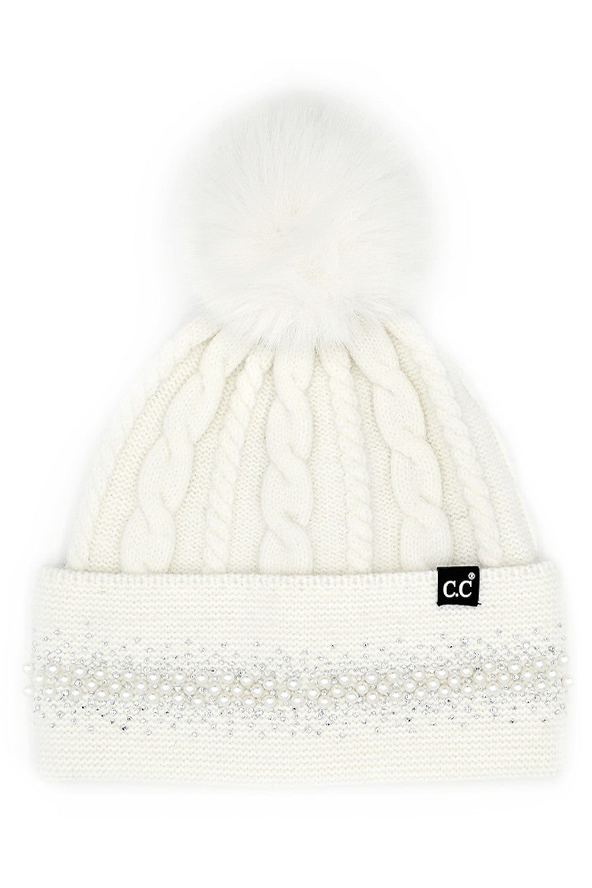 Ivory C.C Pearl Rhinestone Embellishment Beanie with Fur Pom