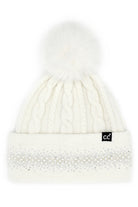 Ivory C.C Pearl Rhinestone Embellishment Beanie with Fur Pom