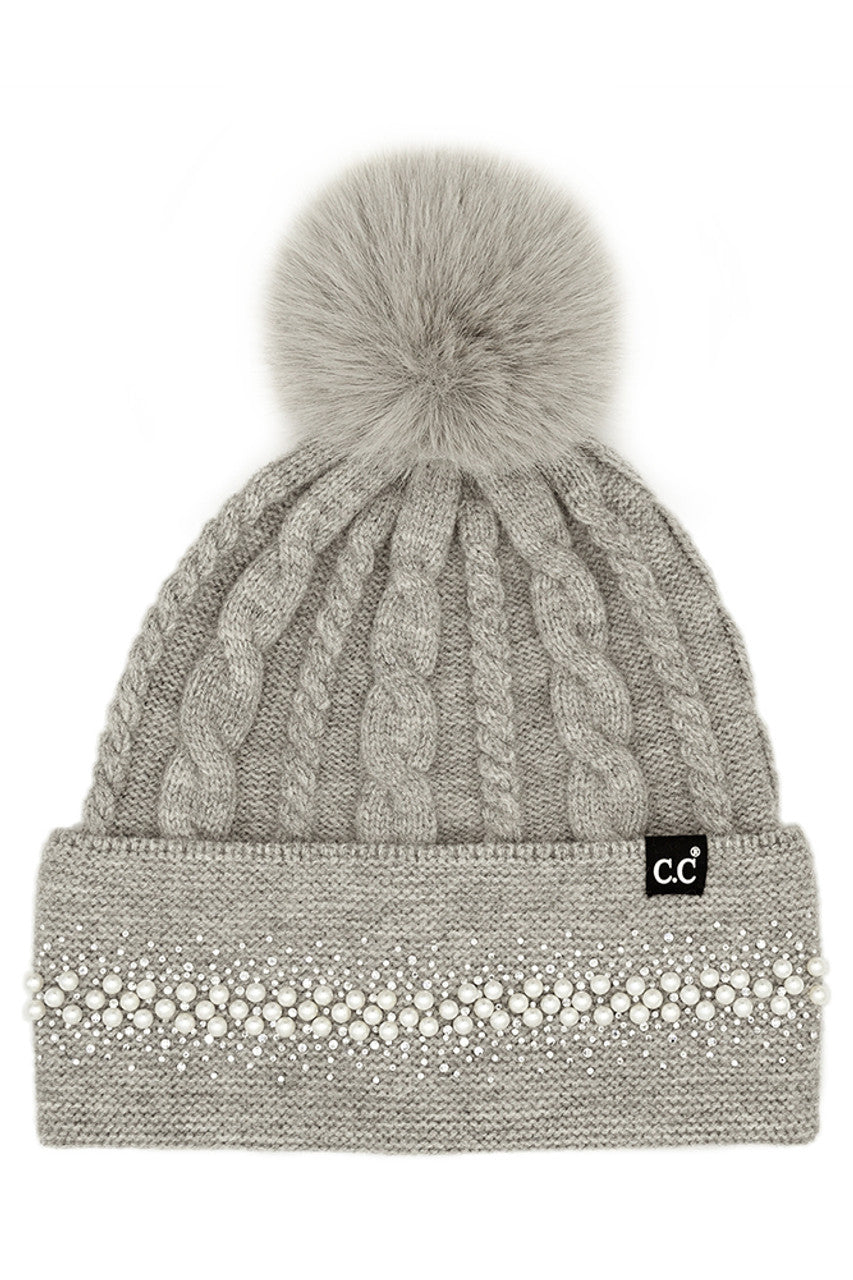 Light Gray C.C Pearl Rhinestone Embellishment Beanie with Fur Pom