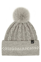 Light Gray C.C Pearl Rhinestone Embellishment Beanie with Fur Pom