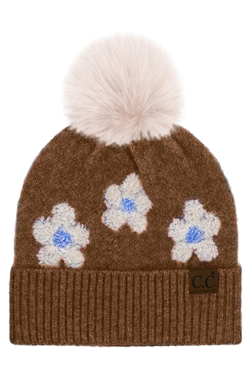Brown C.C Daisy Pattern Beanie with Pom