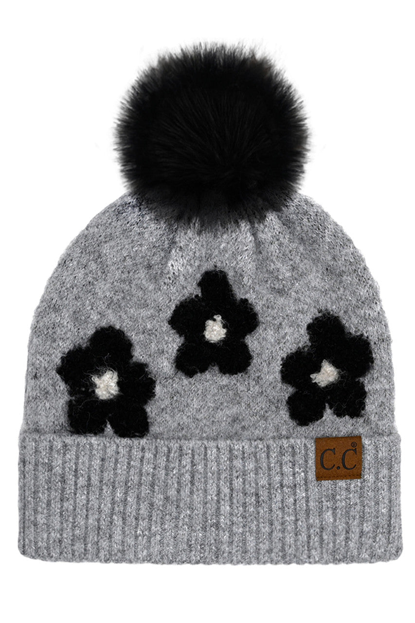 Light Gray C.C Daisy Pattern Beanie with Pom