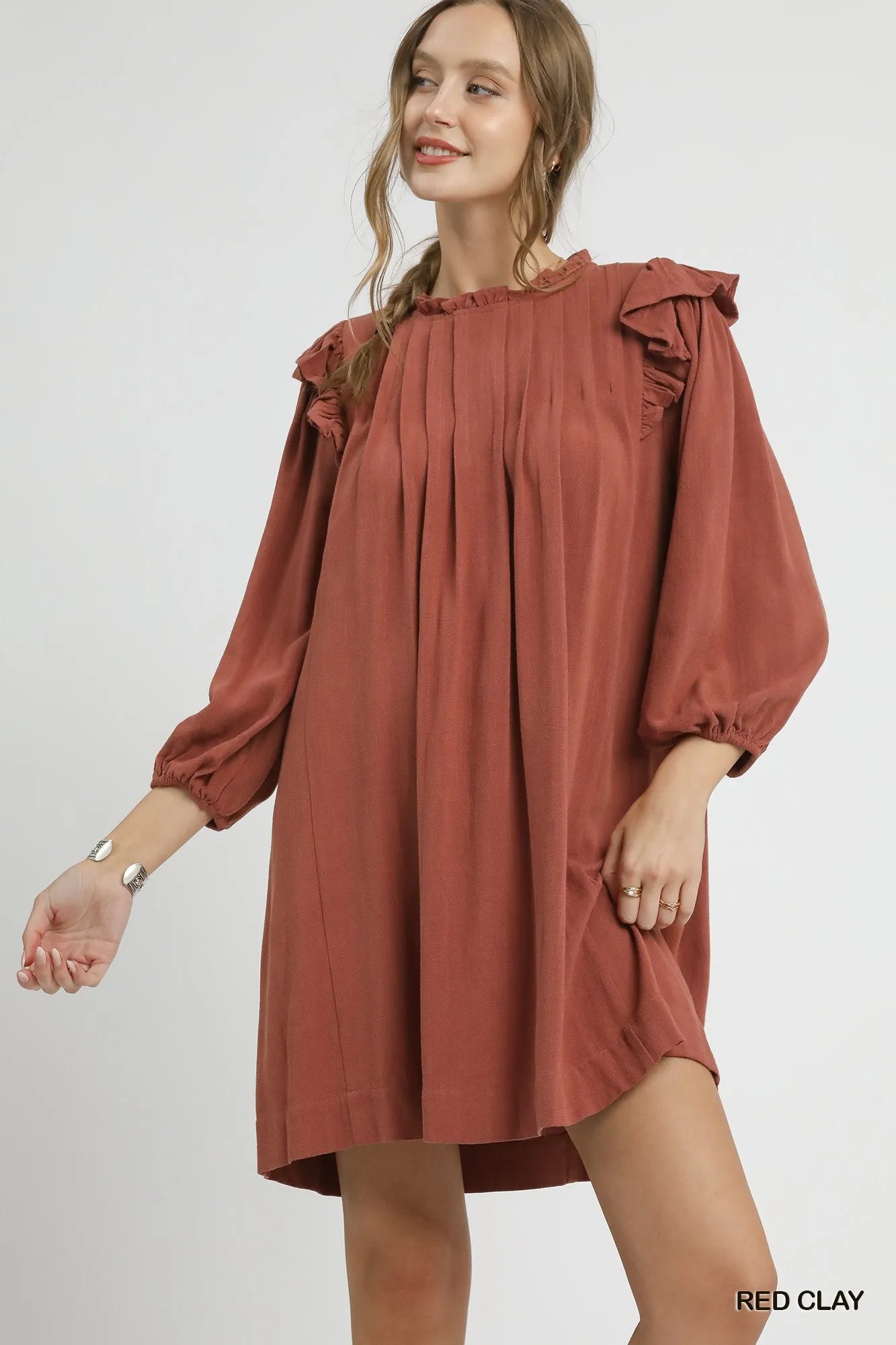 Umgee Linen Ruffle Shoulder Pleated Babydoll Dress  Charming Charlie