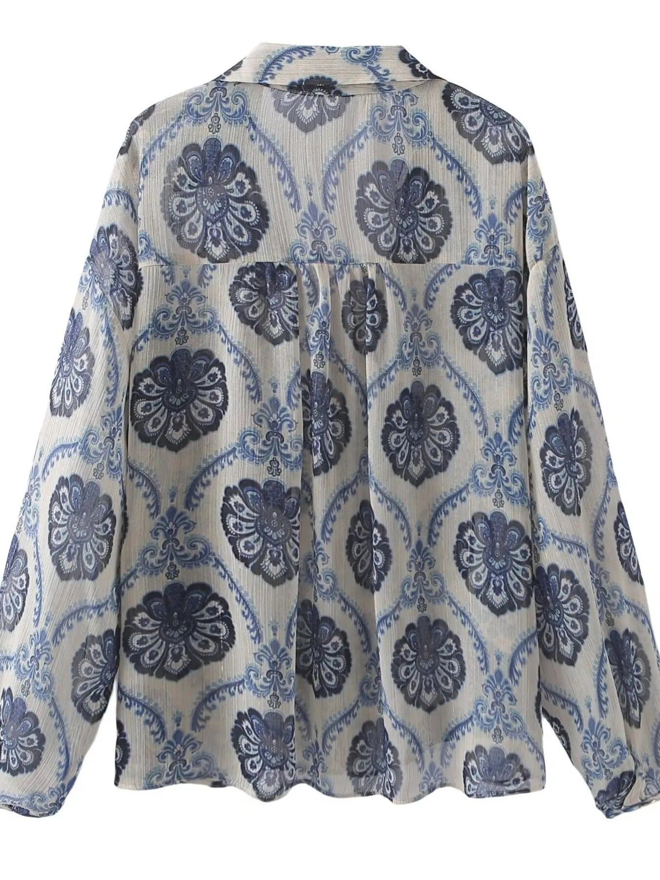Printed Button Up Long Sleeve Dress Dusty Blue / L