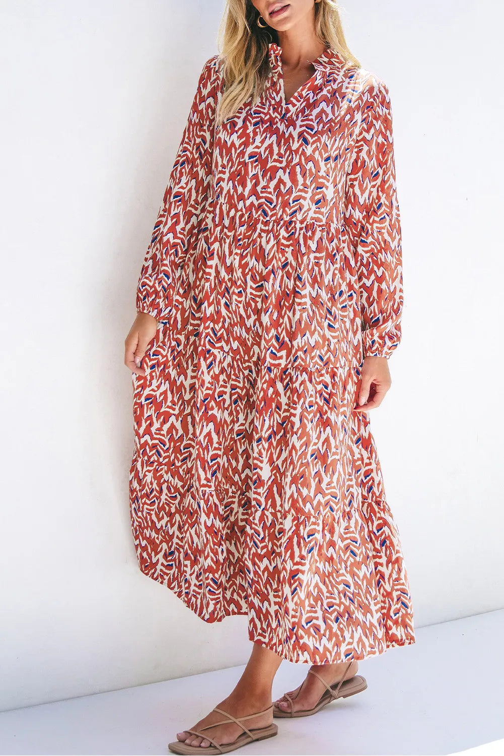 Printed Notched Long Sleeve Dress - Charming Charlie