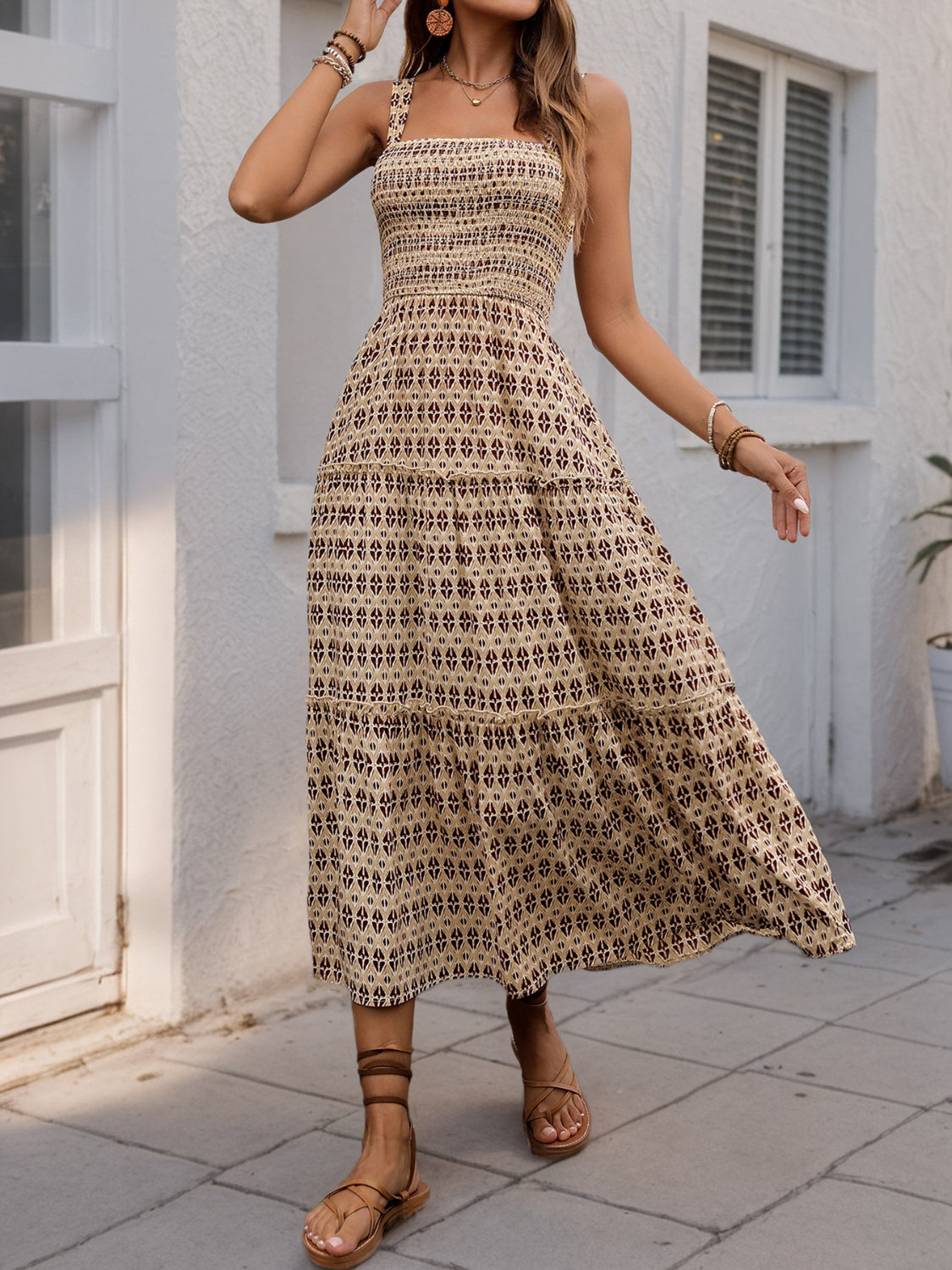 Printed Tiered Wide Strap Midi Dress Camel / S