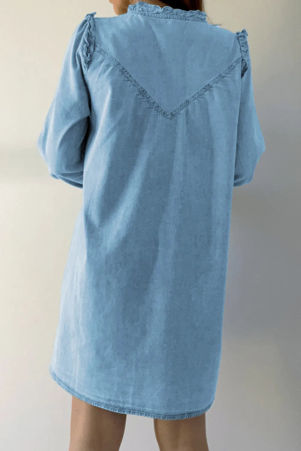 Button Up Notched Long Sleeve Denim Dress Light Blue / S