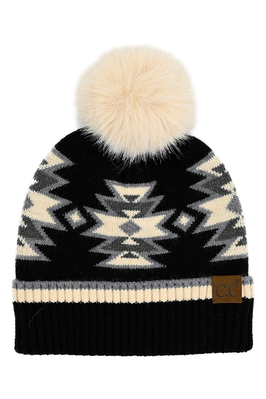 Black C.C Southwest Pattern Pom Beanie