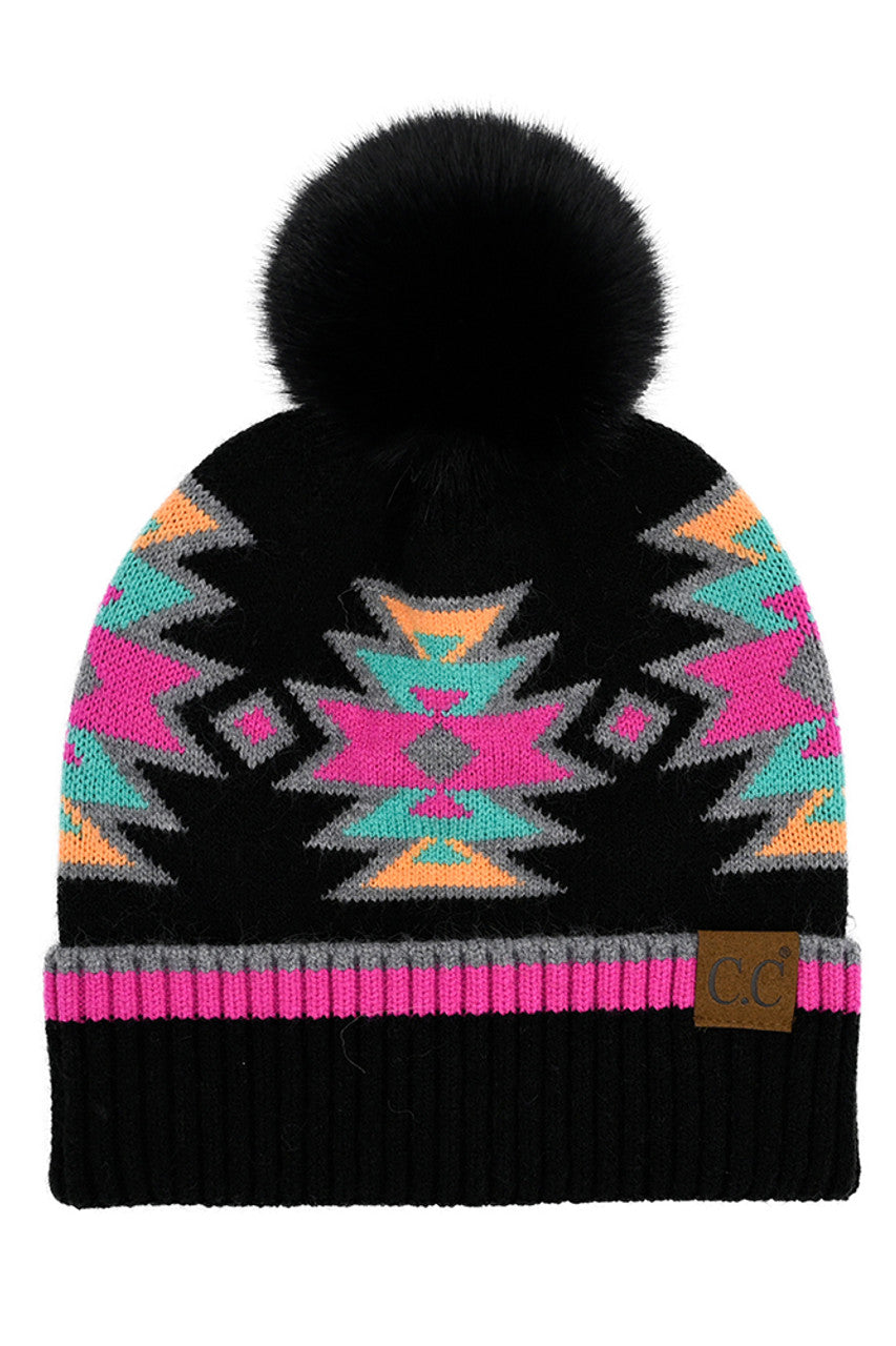 Black Multi C.C Southwest Pattern Pom Beanie