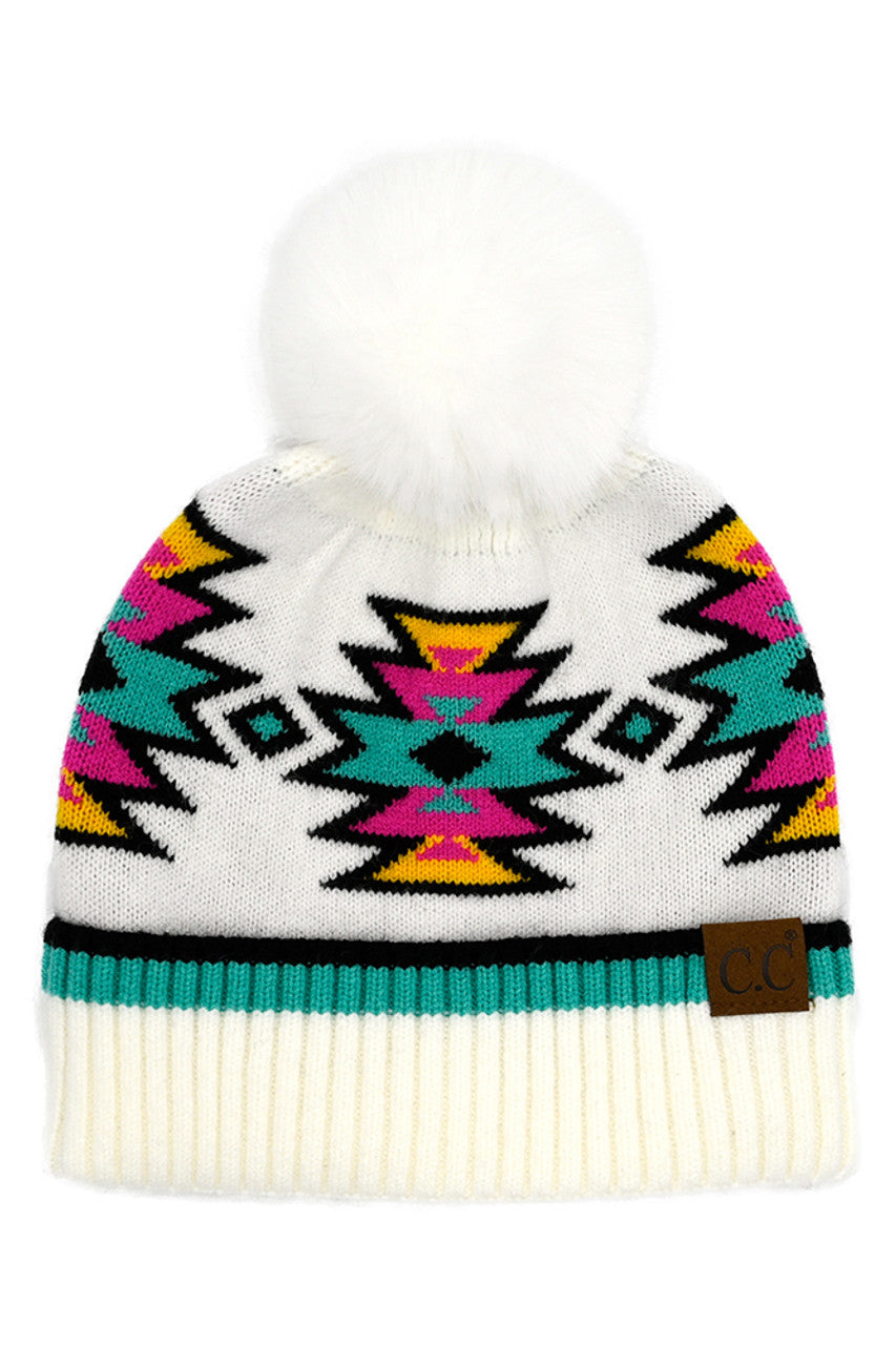 Ivory C.C Southwest Pattern Pom Beanie