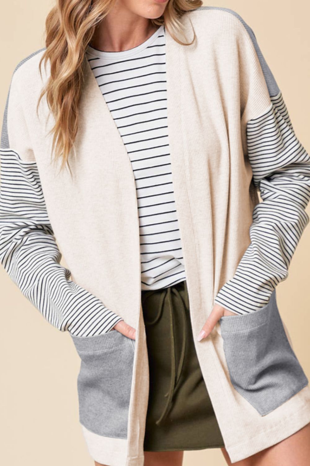 Open Front Long Sleeve Striped Cardigan with Pockets - Charming Charlie