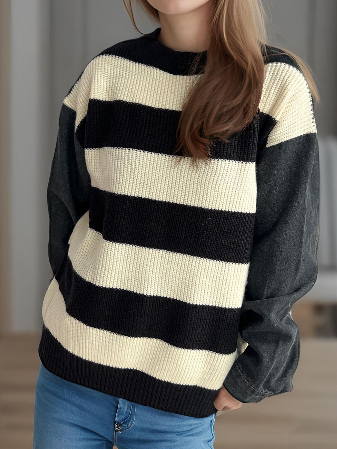 Contrast Round Neck Long Sleeve Sweater - Charming Charlie