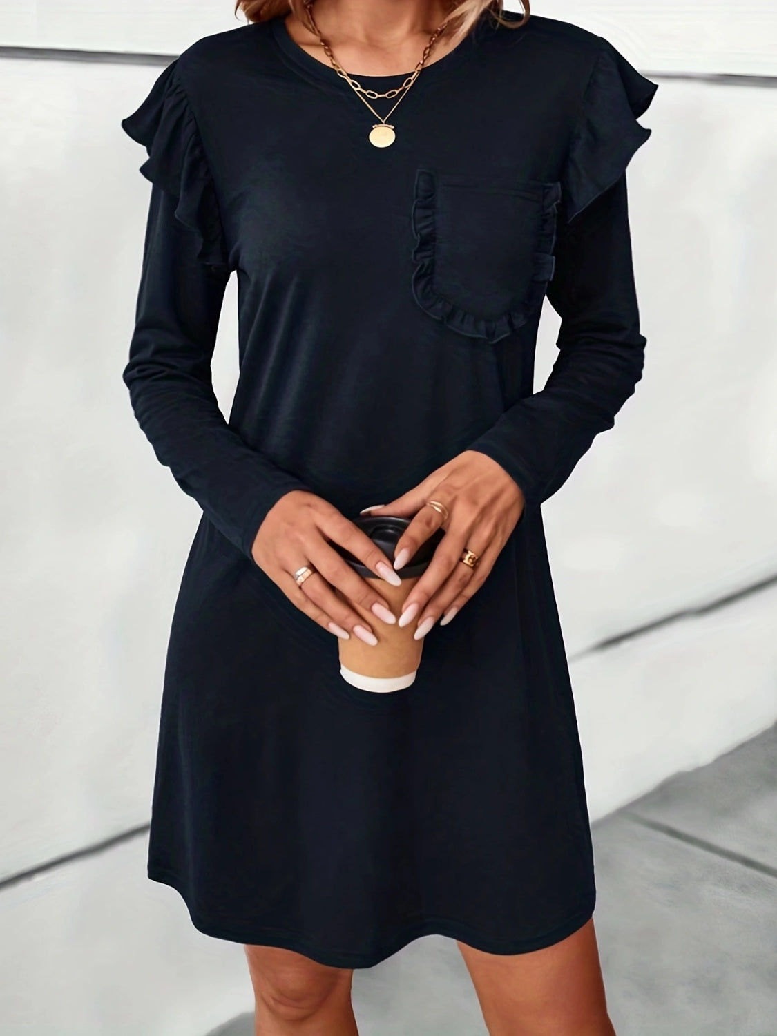 Ruffled Round Neck Long Sleeve Mini Dress - Charming Charlie