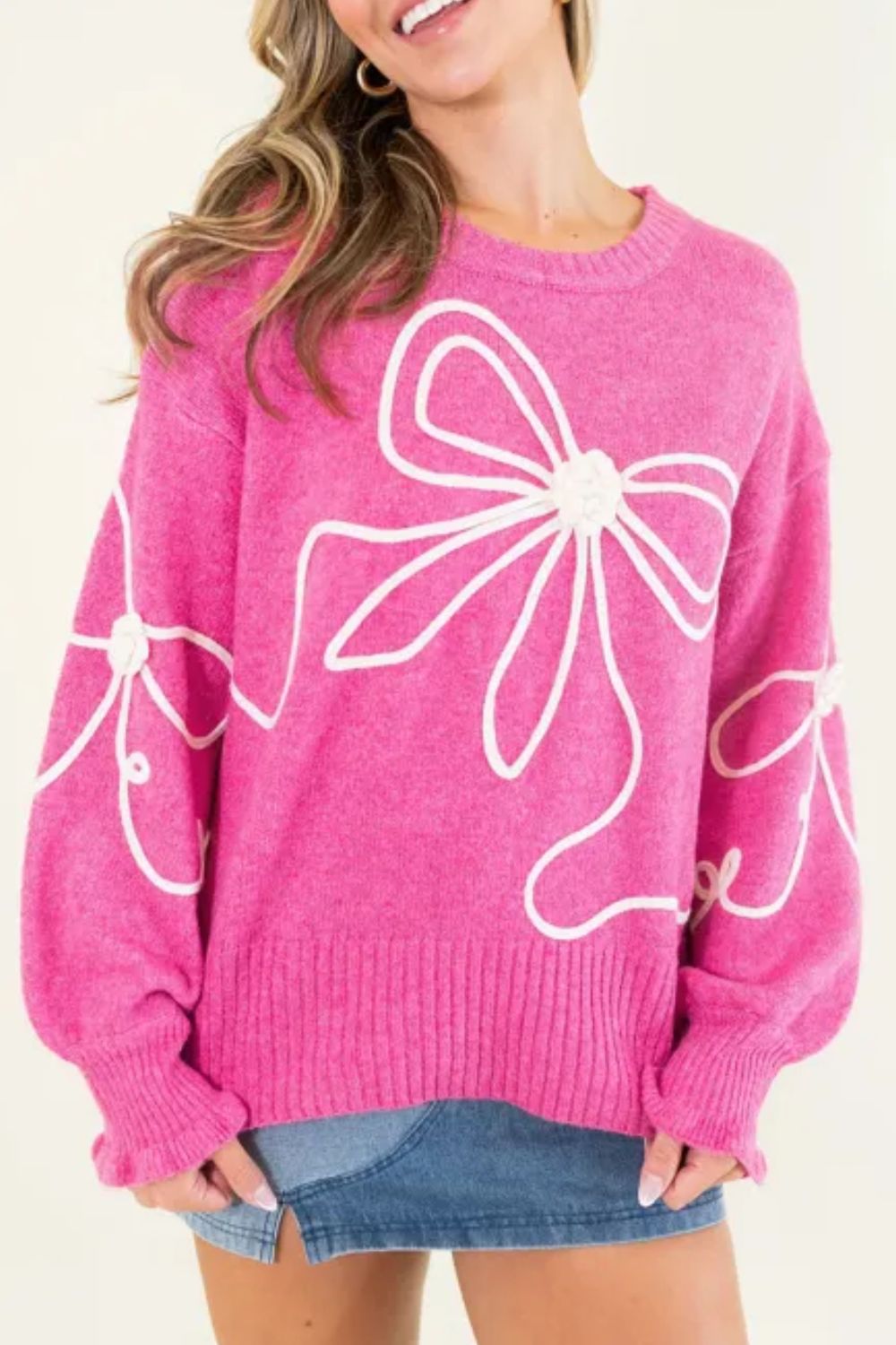 Bow Round Neck Dropped Shoulder Sweater - Charming Charlie