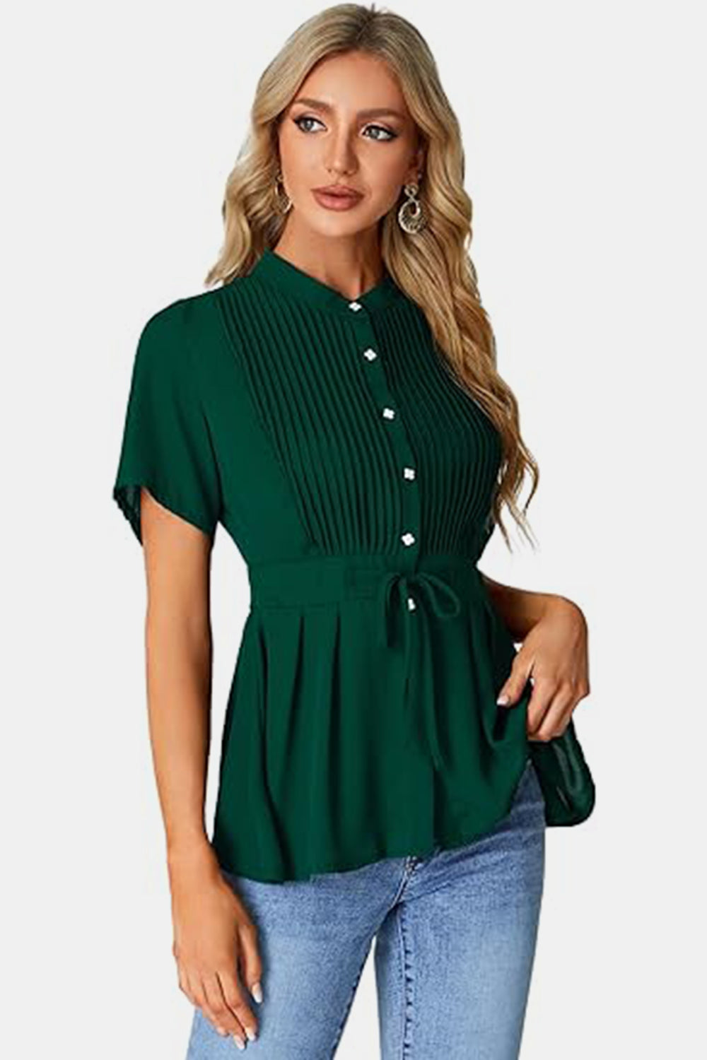 Tied Round Neck Short Sleeve Blouse - Charming Charlie