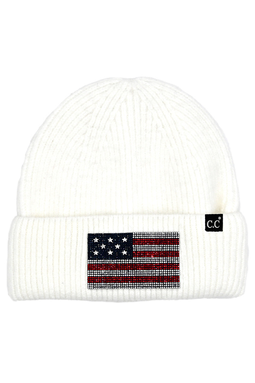 White C.C American Flag Rhinestone Beanie