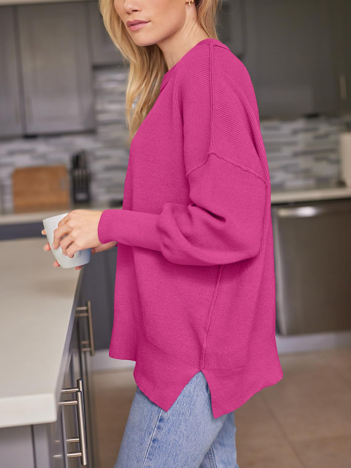 Slit Round Neck Dropped Shoulder Sweater - Charming Charlie
