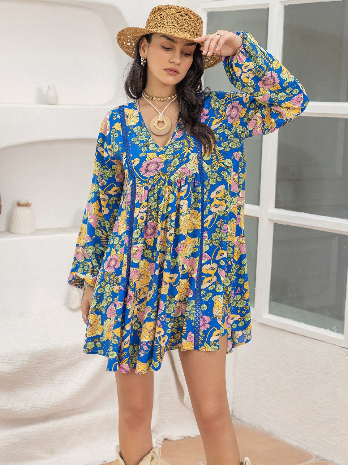 Printed V-Neck Balloon Sleeve Mini Dress - Charming Charlie