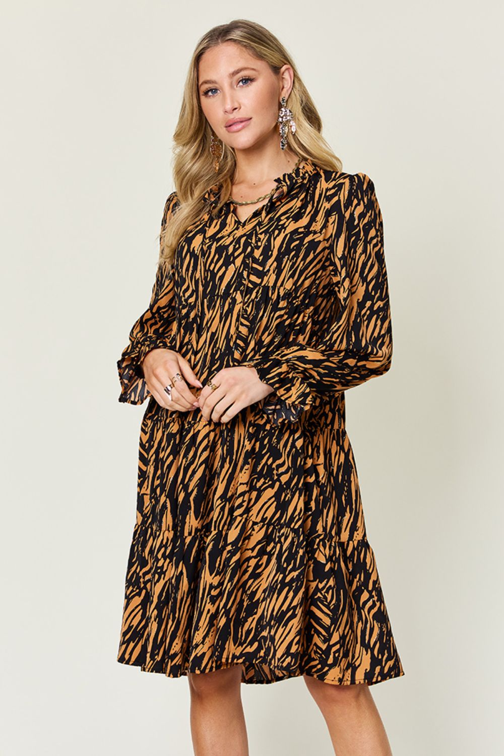 Double Take Full Size Printed Ruffle Hem Long Sleeve Dress - Charming Charlie