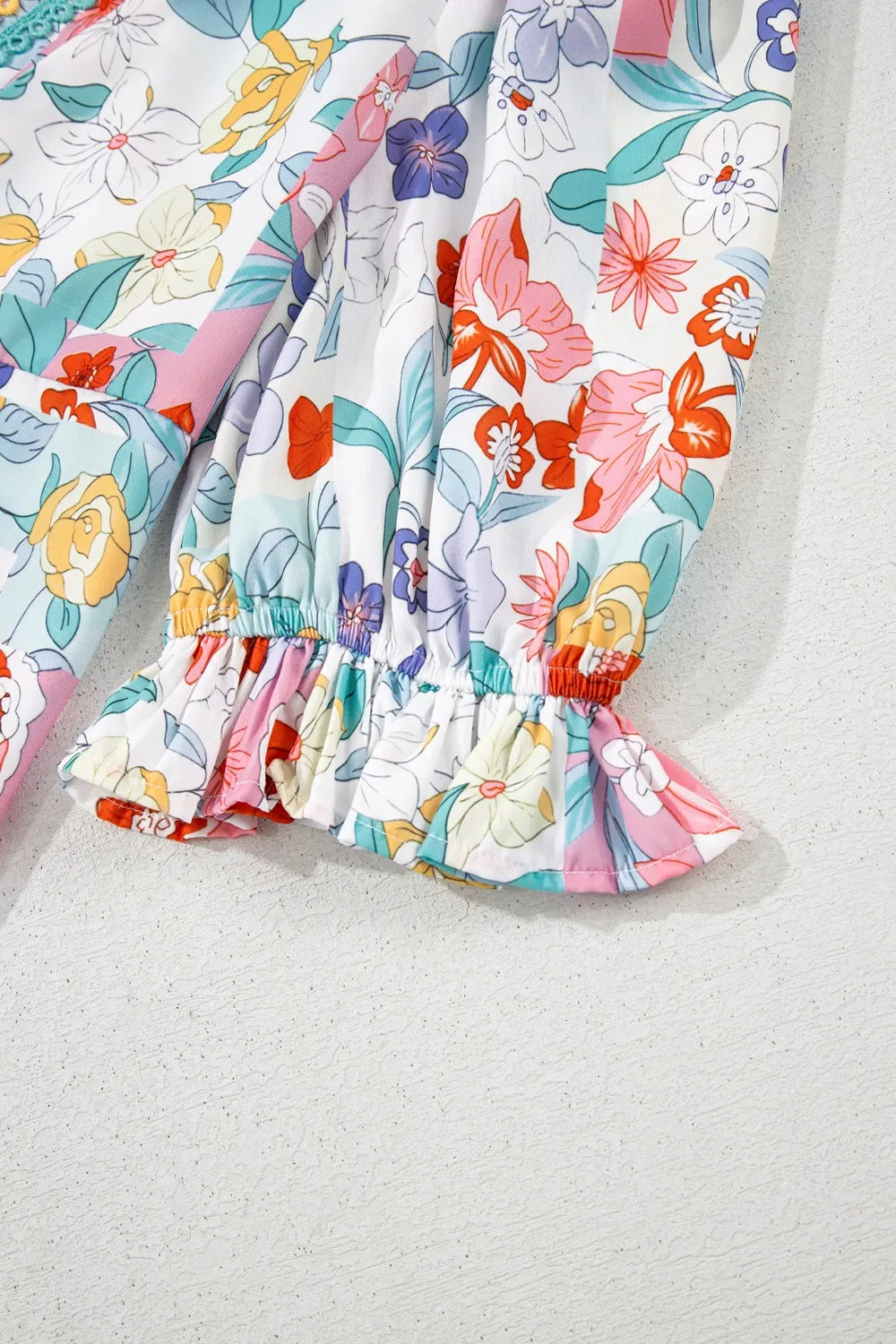 Boho Floral Patchwork Shirred Cuffs Blouse