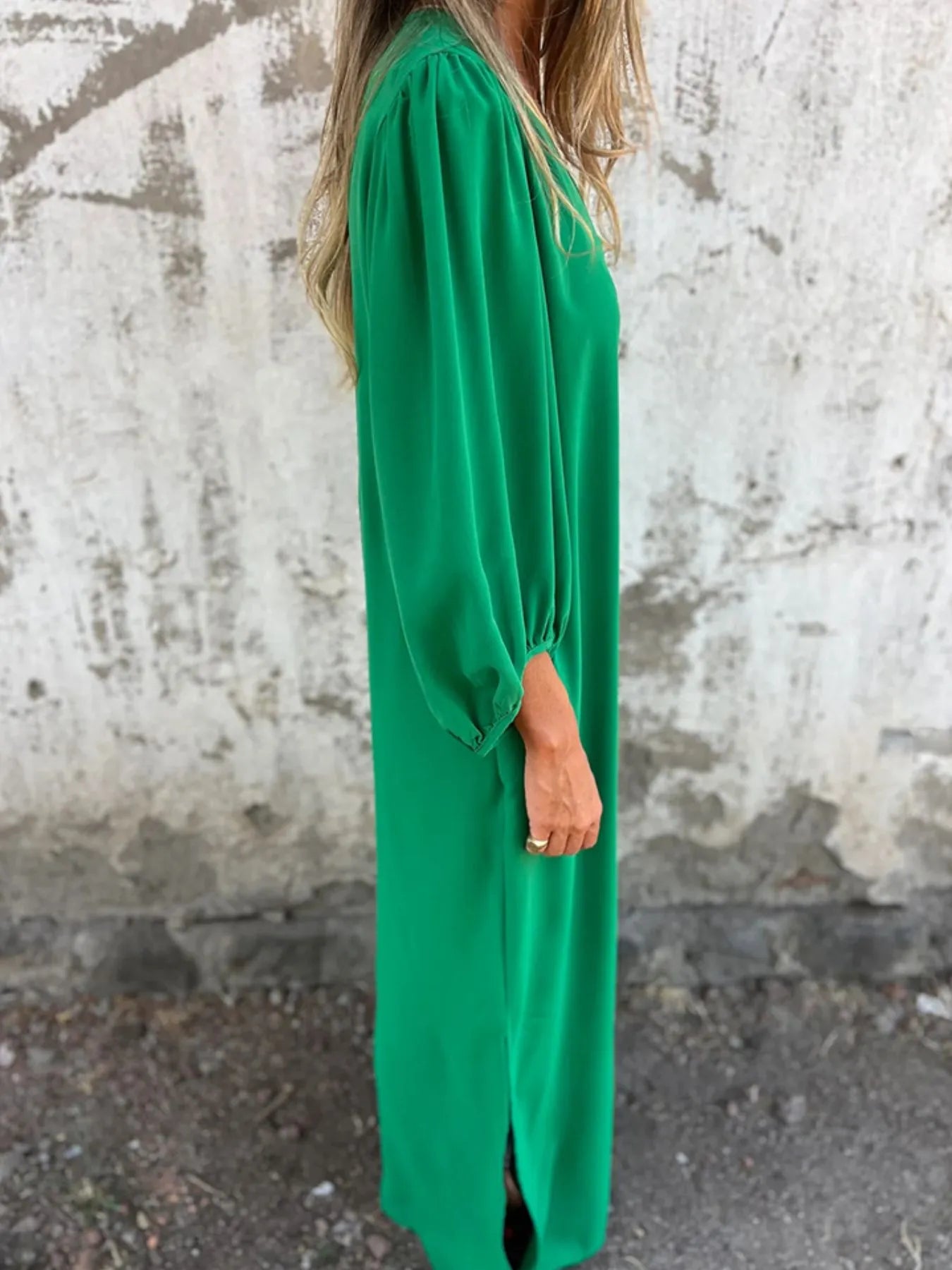 Full Size Slit V-Neck Balloon Sleeve Midi Dress Plus Size Eggshell / L