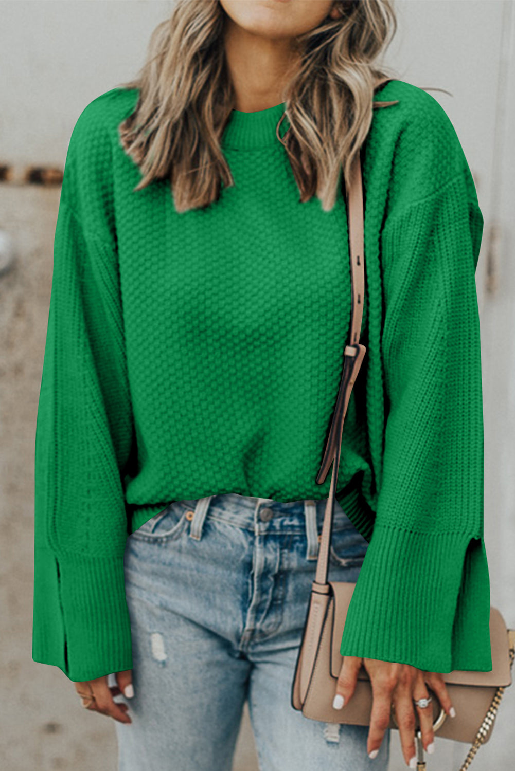 Textured Round Neck Long Sleeve Sweater - Charming Charlie