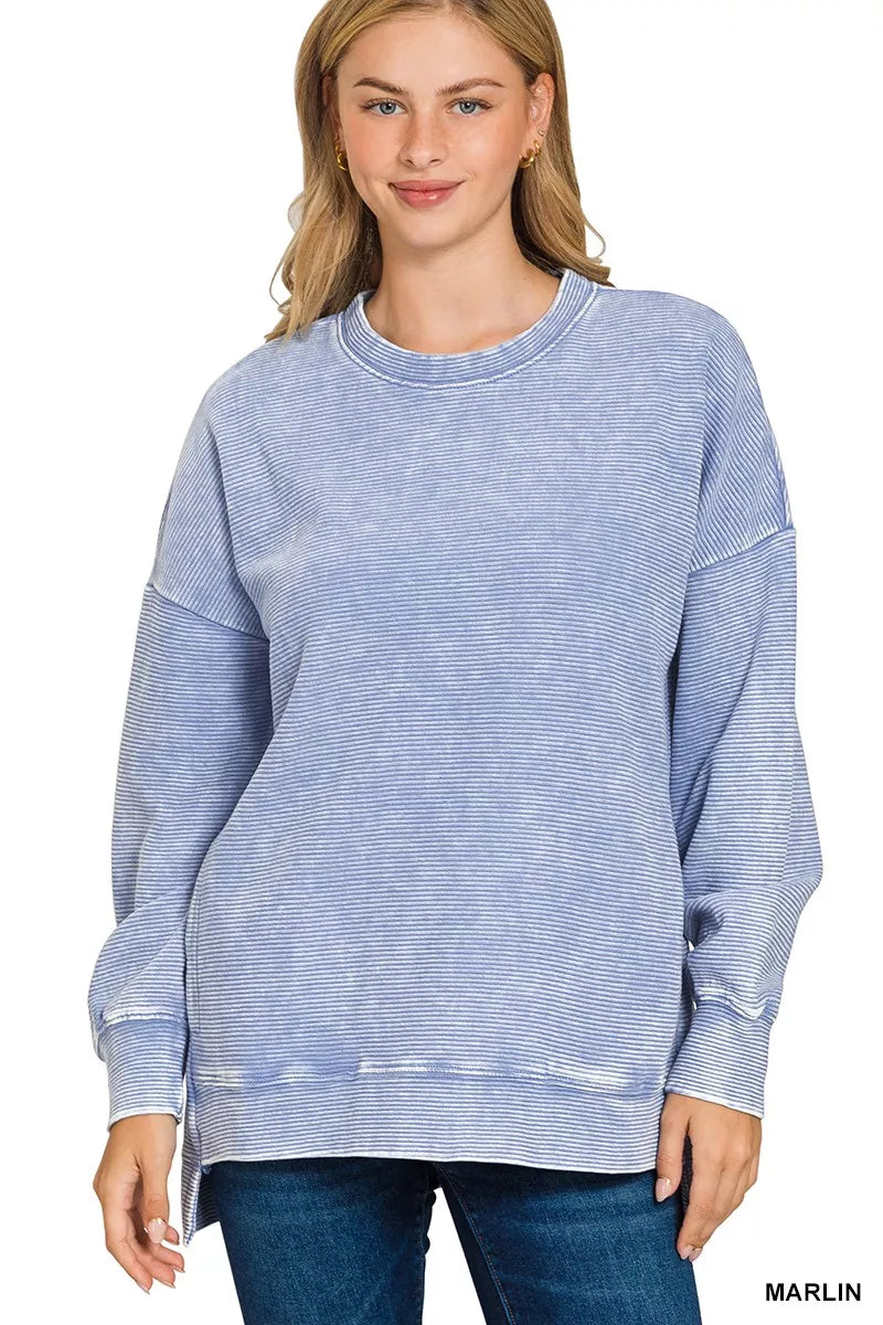 Zenana Full Size Acid Washed Double Ribbed Hi-low Sweatshirt Plus