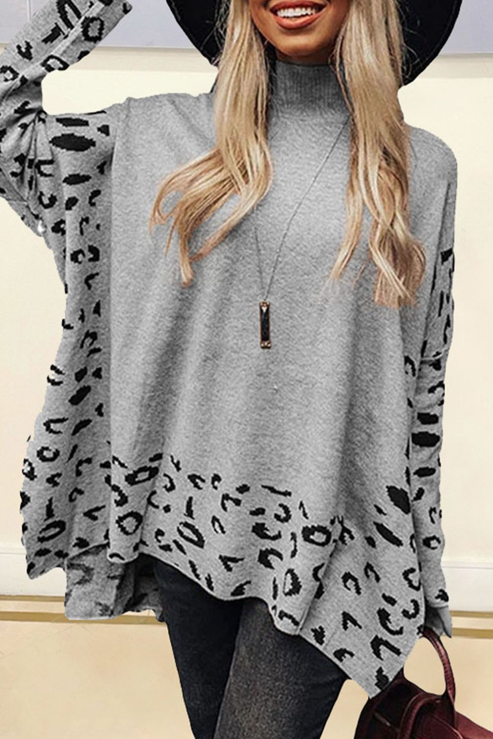 Slit Leopard Mock Neck Dropped Shoulder Sweater - Charming Charlie