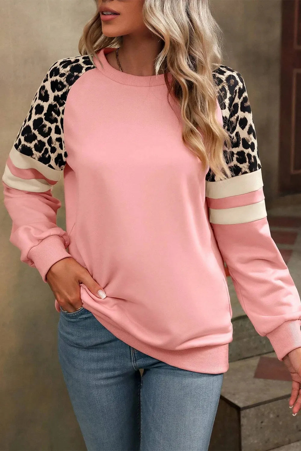 Leopard Round Neck Long Sleeve Sweatshirt - Charming Charlie
