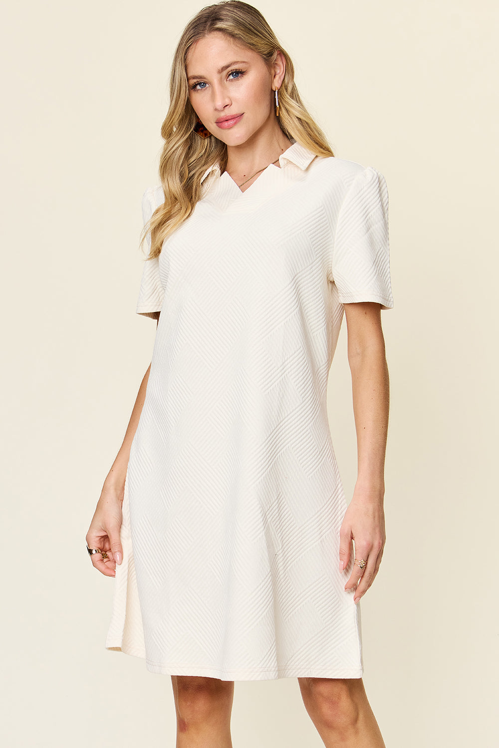 Double Take Full Size Texture Collared Neck Short Sleeve Dress - Charming Charlie