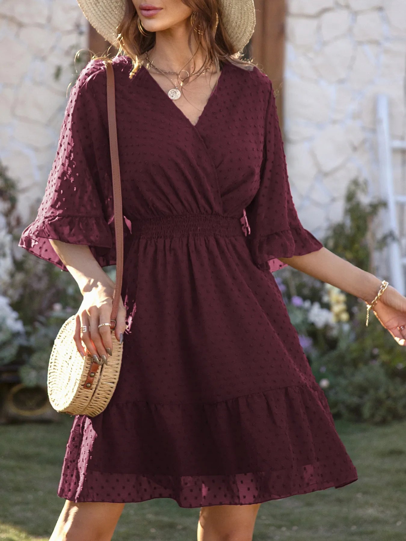 Swiss Dot Flare Sleeve Wrap Mini Dress – Charming Charlie