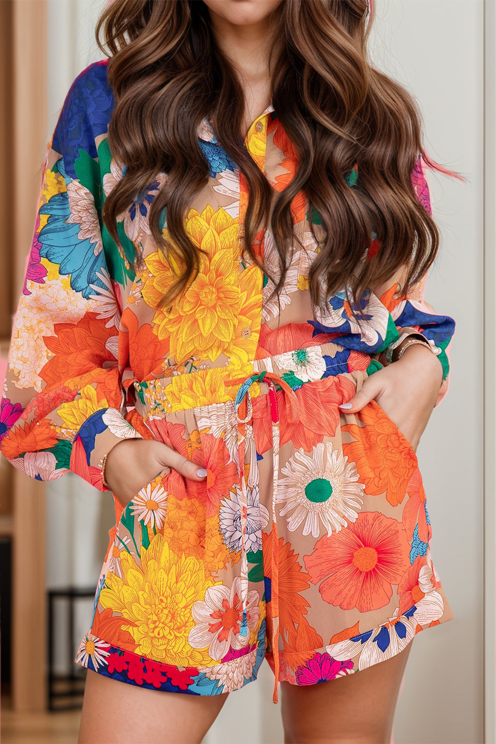 Printed Button Up Long Sleeve Top and Shorts Set - Charming Charlie