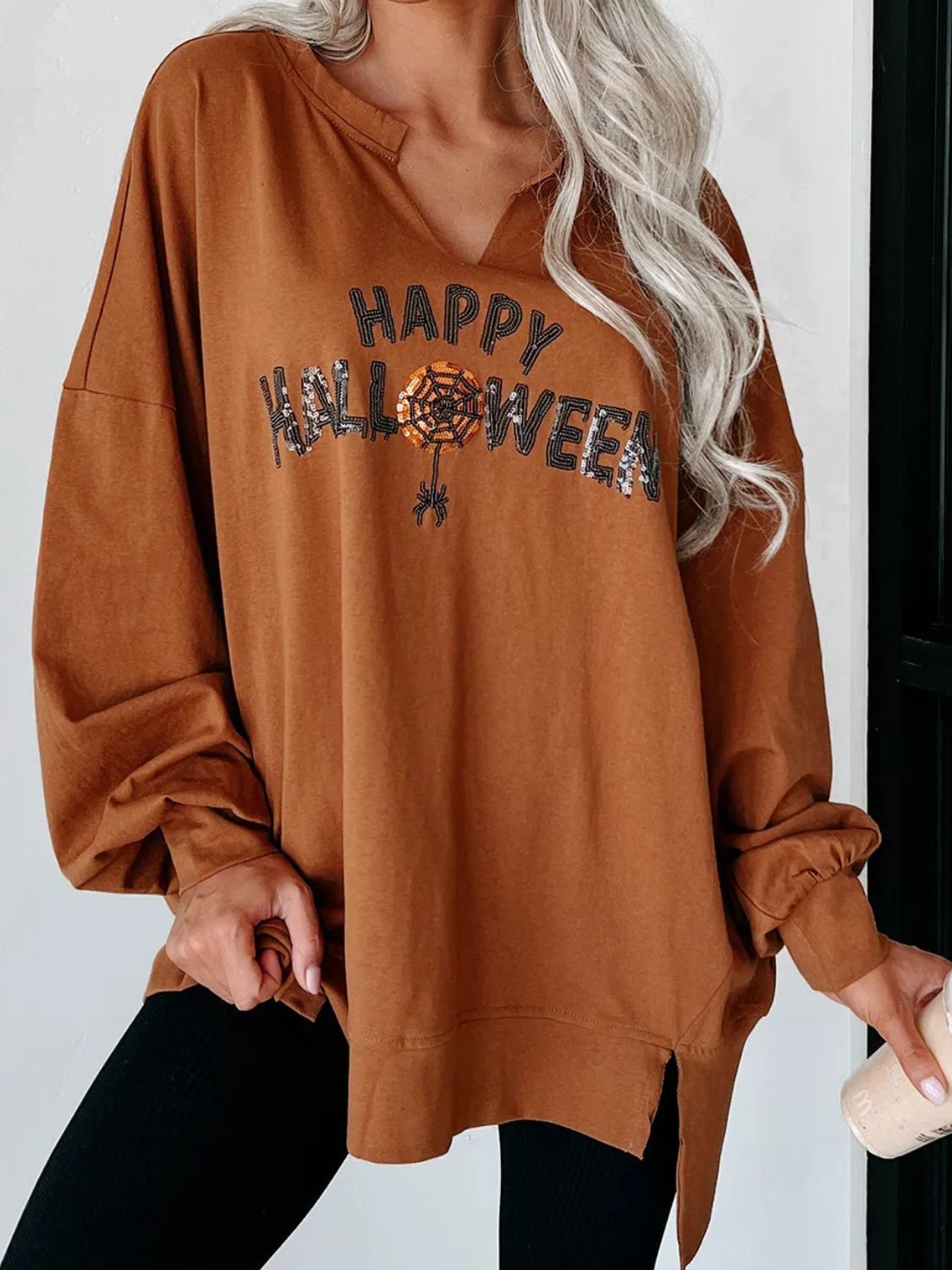Sequin Letter Graphic Notched Long Sleeve Sweatshirt - Charming Charlie