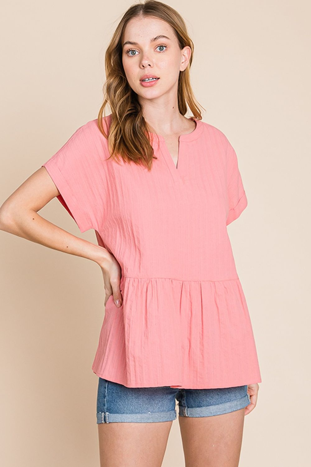 Cotton Bleu by Nu Label Notched Short Sleeve Peplum Top - Charming Charlie