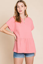 Cotton Bleu by Nu Label Notched Short Sleeve Peplum Top - Charming Charlie