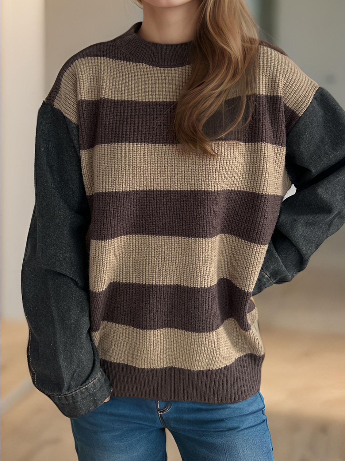 Contrast Round Neck Long Sleeve Sweater - Charming Charlie